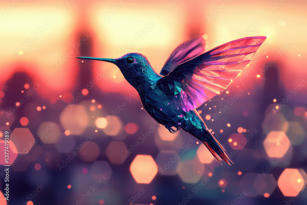 Poster a low-poly hummingbird soars gracefully against a soft bokeh background, blending nature and digital