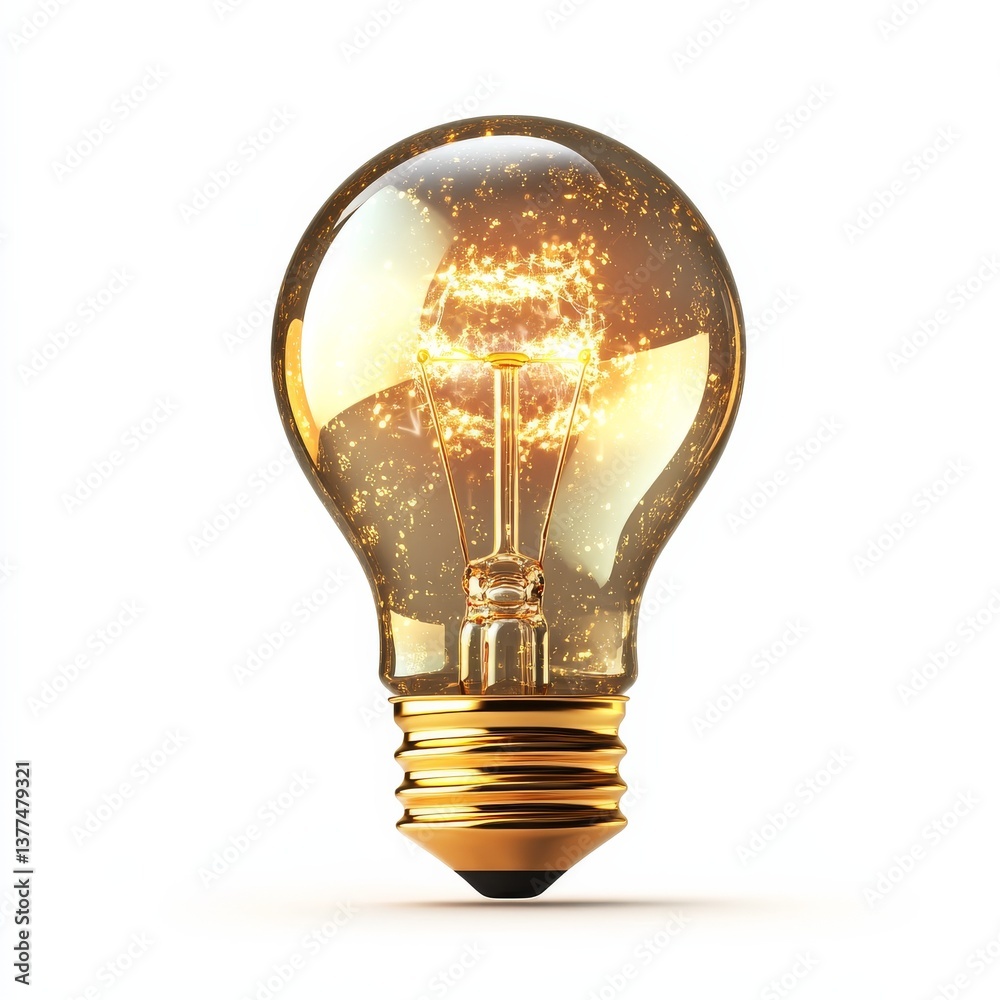 Poster golden idea: a glowing lightbulb with sparkling particles, symbolizing innovation and illumination o