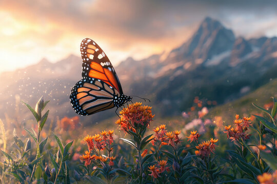 Monarch butterfly resting on orange flowers with mountains and a sunrise/sunset in the background creating a peaceful, magical scene. - Powered by Adobe