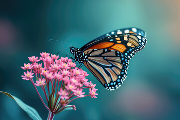 Obraz premium A monarch butterfly rests gently on a cluster of pink flowers, its vibrant wings showcased against a soft, teal backdrop.