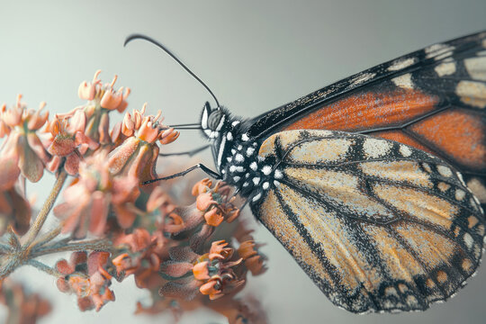 Monarch butterfly gracefully perches on delicate peach-toned flowers, its intricate wings displaying vibrant orange and black patterns.