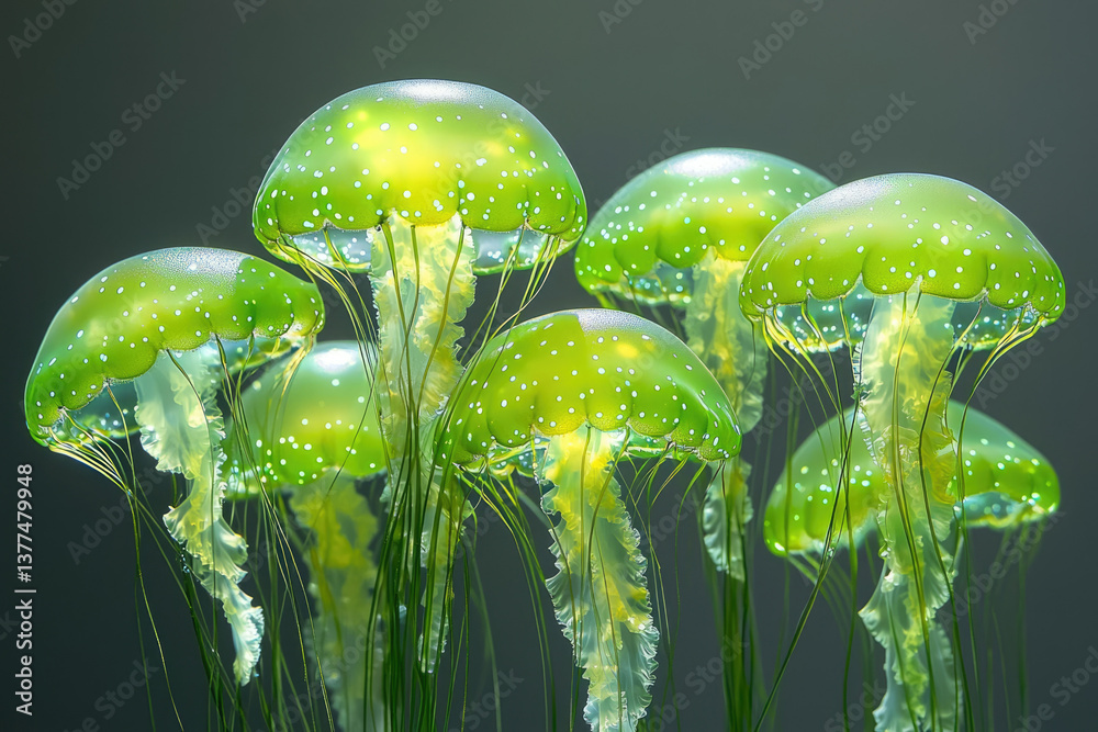 Poster luminous green jellyfish with white spots gracefully float in the dark water, creating an ethereal a