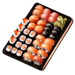 Traditional Japanese sushi platter with assorted rolls, isolated on transparent background