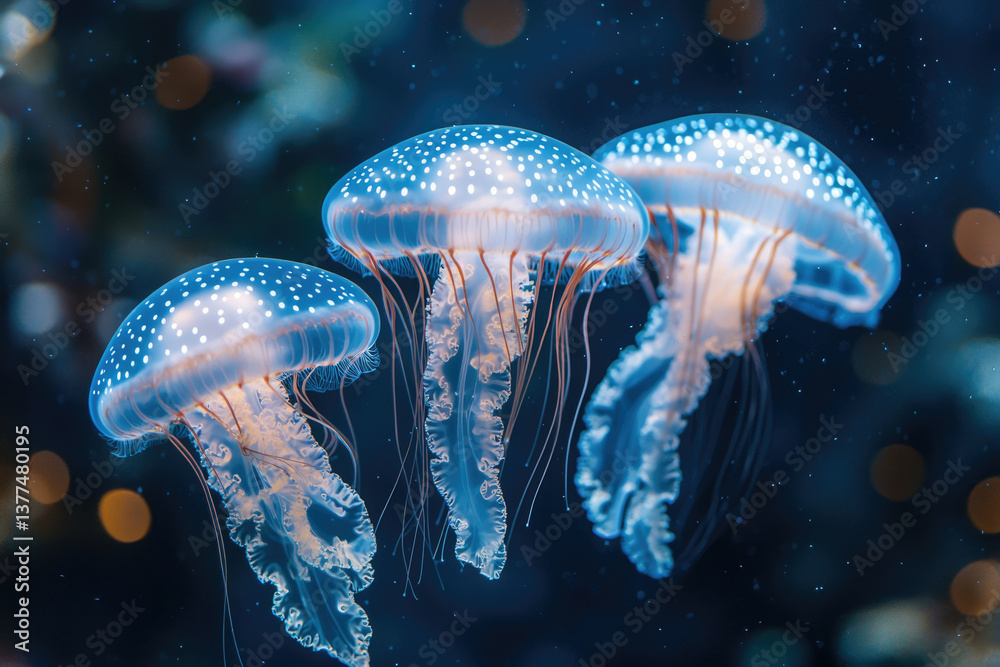 Poster three jellyfish with translucent bells speckled with white dots drift serenely in deep blue ocean wa