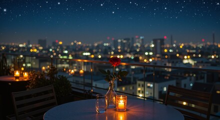 Romantic rooftop dinner setting with a single red rose and candlelight creating an intimate atmosphere against a backdrop of city lights and a starry night sky
