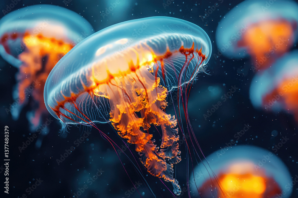 Poster glowing jellyfish gracefully float in the deep ocean, with bioluminescent orange tentacles illuminat