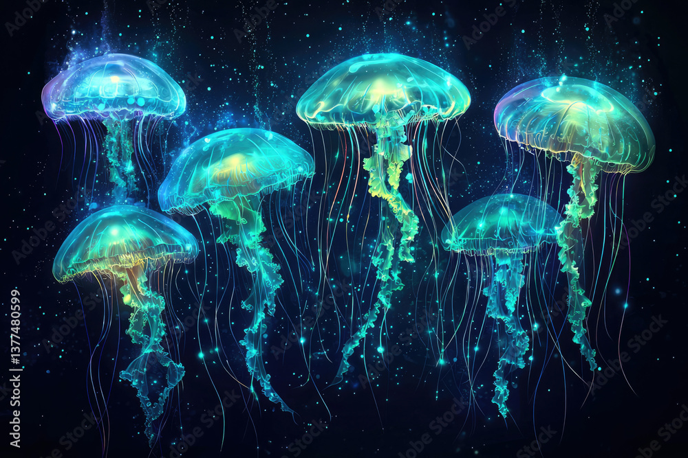 Poster a group of bioluminescent jellyfish gracefully drifting in the deep ocean, illuminated by ethereal l