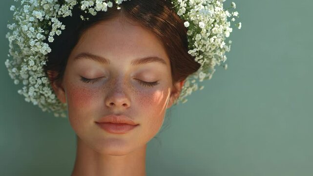 Smiling Caucasian Woman with Eyes Closed Wearing Flower Crown in Dreamy State. Peaceful Meditation and Relaxation. Natural Beauty and Wellness Motion Picture Footage