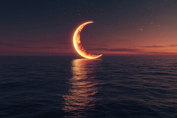 A glowing crescent moon rises over a calm, dark ocean at sunset, with stars twinkling in the sky above.