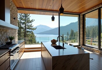 Fototapeta premium Modern Lake Como Kitchen Design: Glass and Stone Estate Home Featuring Panoramic Views of the Lake and Mountains, Creating a Luxurious and Scenic Culinary Experience. 