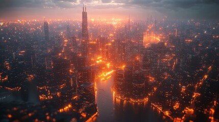 Fototapeta premium Futuristic neon cityscape at dusk with illuminated skyscrapers and cloudy sky