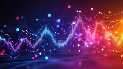 Abstract data visualization; vibrant, dynamic waveforms and glowing nodes