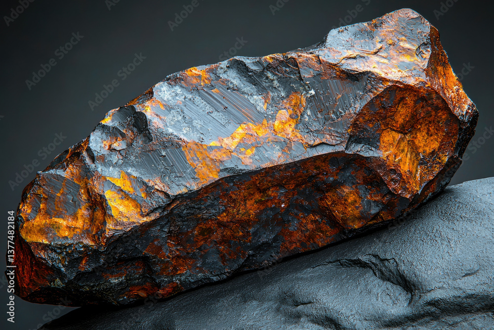 Poster a close-up of a dark, rough, and shiny rock with golden and rust-colored metallic highlights, sittin