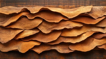 Dried, layered, wood slices on dark wooden background