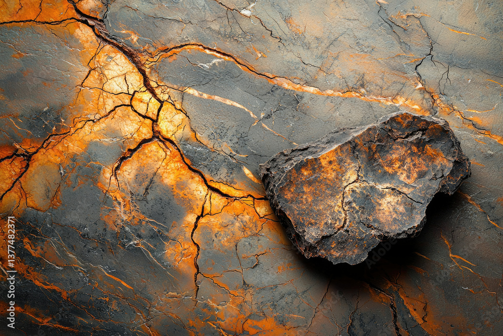 Poster the image shows a rock on a cracked, textured surface with orange and grey hues creating a striking 