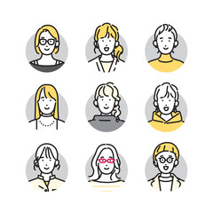 シンプル　イラスト　笑顔のカジュアルな服装の女性のアイコンセット 人物