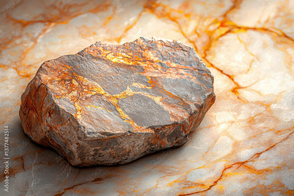 Poster A textured rock with golden veins sits on a marble surface with similar golden patterns.