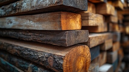 Stacked wooden logs with textured surfaces in a lumberyard