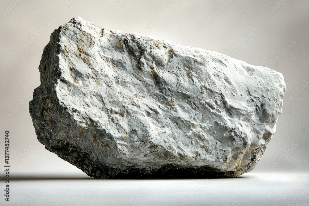 Poster A large, light-colored rock with a textured surface sits on a plain background, showcasing its size and rough structure in neutral tones.