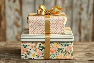 Stacked gift boxes with patterned wrapping paper