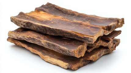 Stacked wooden slices on white background