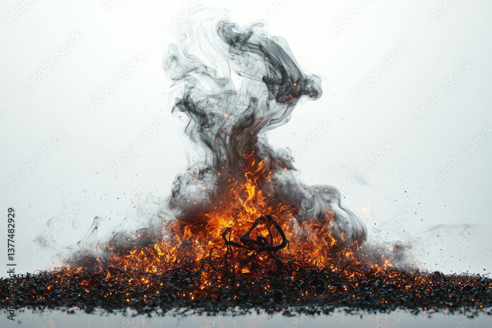 Poster a dramatic image showing fire consuming dark, textured debris with wisps of dark smoke against a lig
