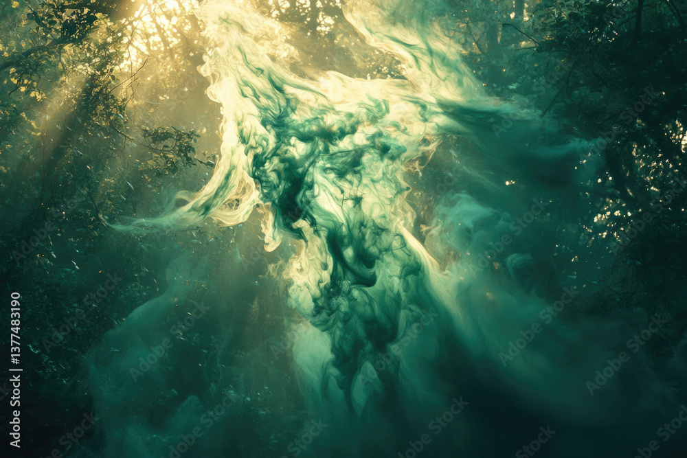Aufkleber ethereal smoke descends in a sunlit forest, creating a mystical and captivating atmosphere.