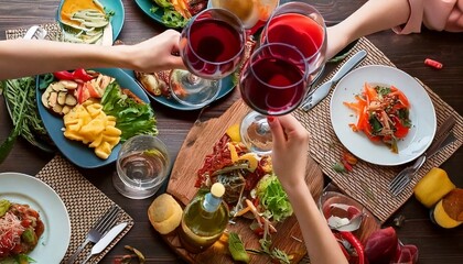 ワインで乾杯する食事風景