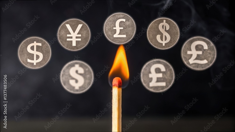 Poster floating currency symbols above a burning matchstick in focus