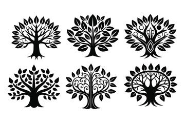 Vector set of tree silhouettes with floral pattern and nature elements, perfect for decoration, design, or tattoo illustration