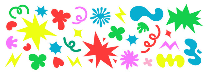 Abstract clouds and flowers shapes icons set. Groovy funky flowers, bubbles, stars, loops and waves in trendy retro cartoon style. Illustration with wavy elements