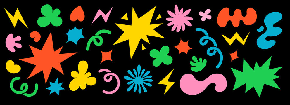 Naklejki Abstract clouds and flowers shapes sticker set. Groovy funky flowers, bubbles, stars, loops and waves in trendy retro cartoon style. Vector illustration with wavy elements.