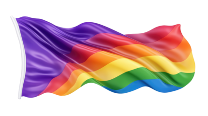 A rainbow flag waving in the wind with vibrant colors isolated on white background PNG