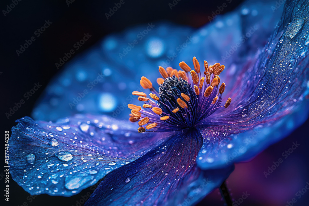 Poster a mesmerizing close-up of a blue poppy flower with water droplets, showcasing intricate details and 