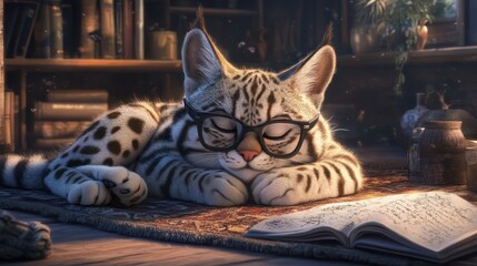 Sleepy Cat with Glasses in a Study