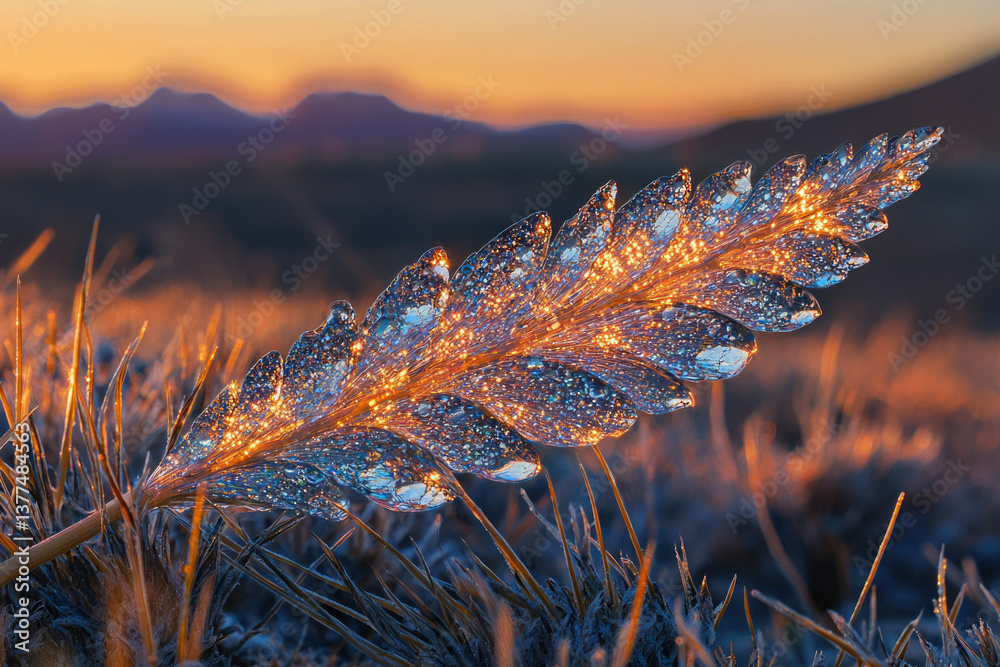 Aufkleber a shimmering feather with sparkling dew rests on grass, mountains silhouetted against a warm sunset 