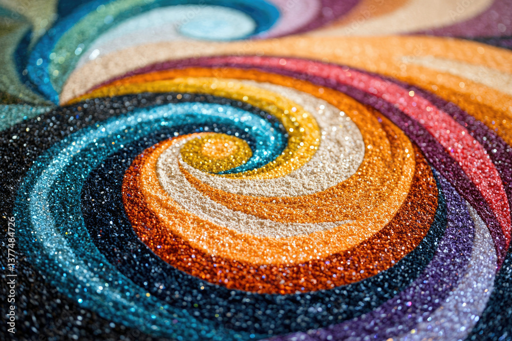 Poster Sparkling concentric circles of different colors form a mesmerizing spiral pattern, creating an eye-catching and vibrant abstract design.