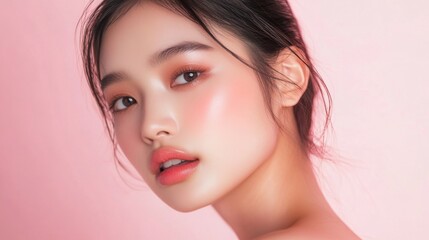 Naklejka premium Close-up of a woman with soft makeup against a pastel pink background highlighting natural beauty and elegance