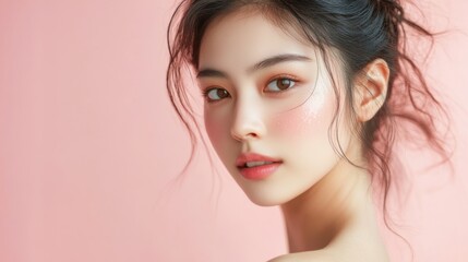 Fototapeta premium Young woman with natural makeup and soft features posed against a pink background in a serene atmosphere