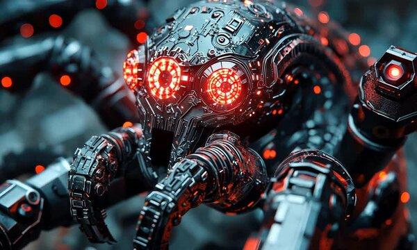 A detailed, close-up depiction of a robotic spider creature with glowing red eyes.