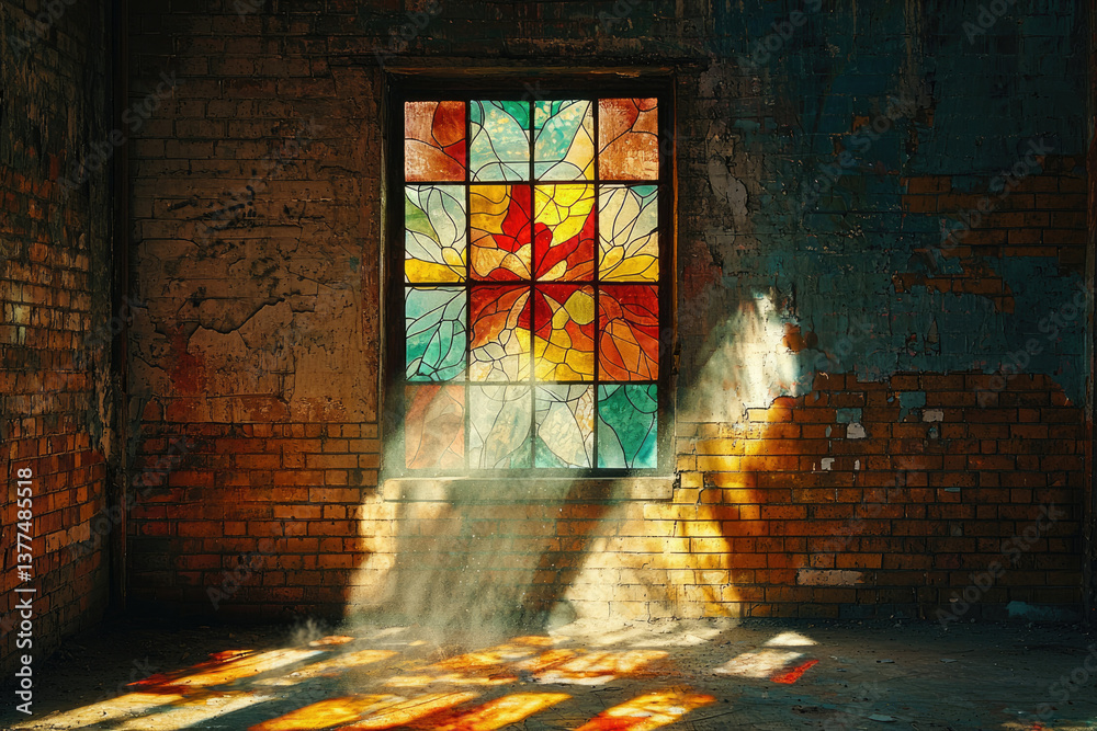 Poster Sunlight streams through a colorful stained-glass window illuminating a weathered brick wall in an abandoned space.