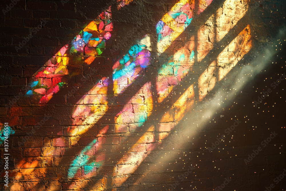 Poster Stained glass window light projecting colorful patterns onto a rustic brick wall, creating a vibrant display of light and shadow.