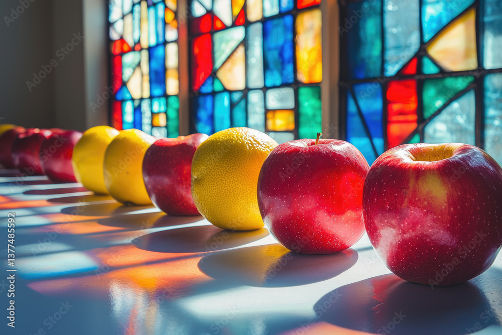 Poster a vibrant row of red apples and yellow lemons sit beneath a stained-glass window casting colorful sh