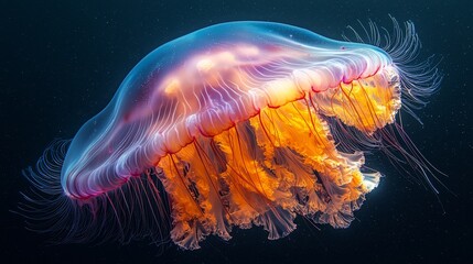Vibrant orange jellyfish with long tentacles in dark ocean waters