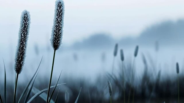Two frozen foxtail grass at morning light. Winter wonderland landscape nature with ice crystals glitter. Cold season scene for christmas, holiday or new year background.