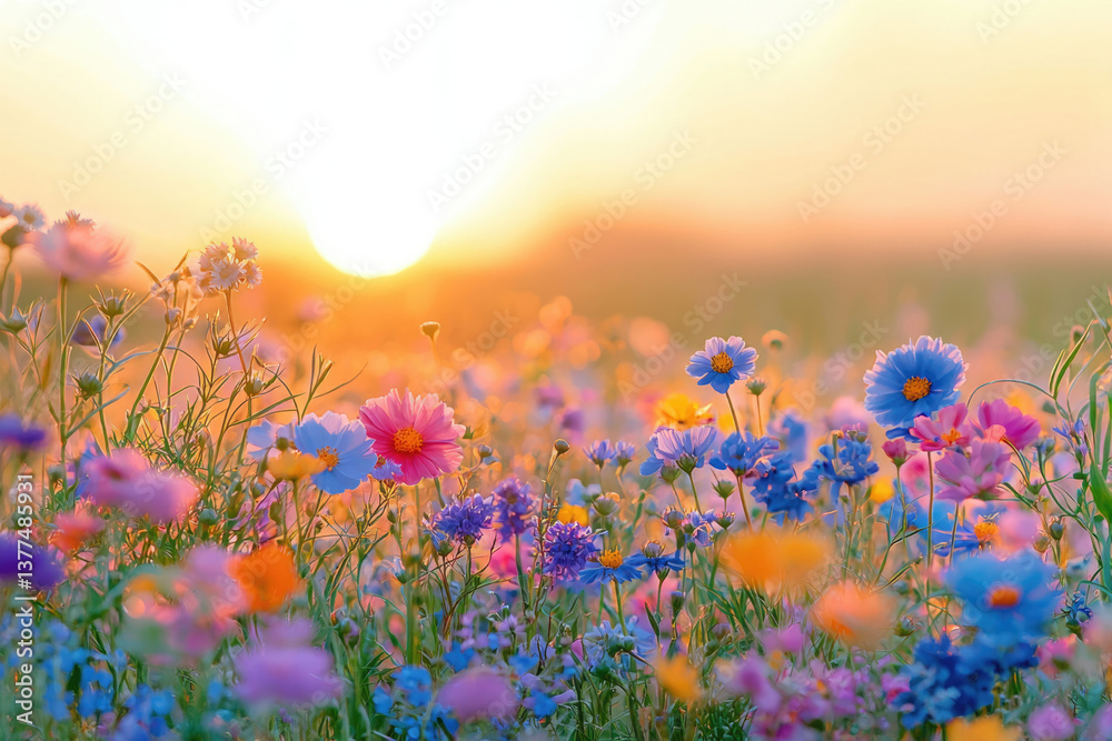 Aufkleber a vibrant field of wildflowers in full bloom basks in the warm glow of the setting sun.