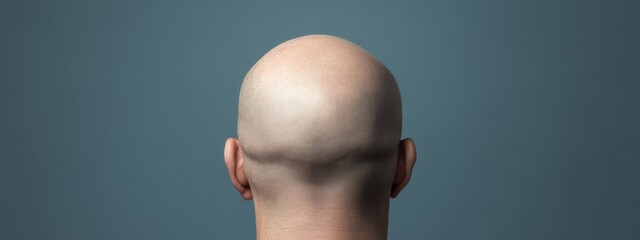Bald head from the back against a plain gray background showcasing smooth skin and defined shape