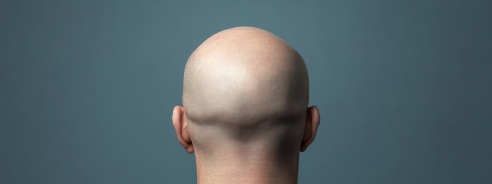 Bald head from the back against a plain gray background showcasing smooth skin and defined shape