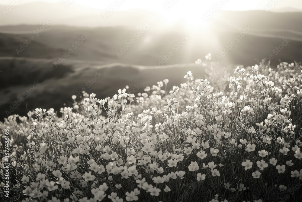 Poster monochromatic landscape showcasing a field of delicate white flowers bathed in sunlight with rolling