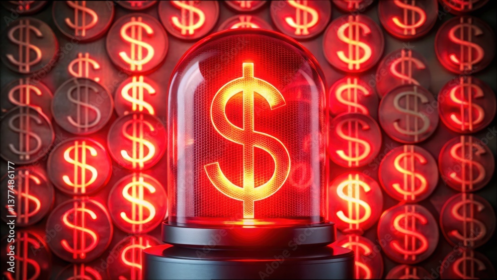 Poster glowing warning light with dollar symbols on red background